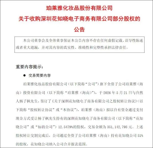 珀莱雅深夜公告，再花3.51亿元“买下”花知晓