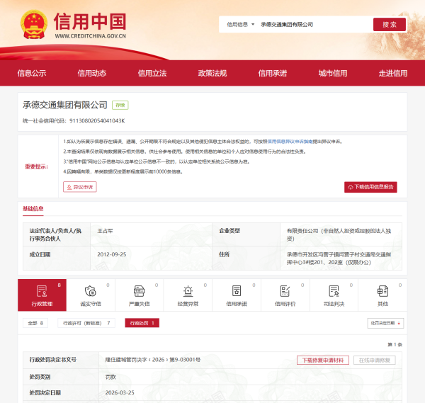 承德交通集团因涉未批先建被行政处罚 合规问题引发关注