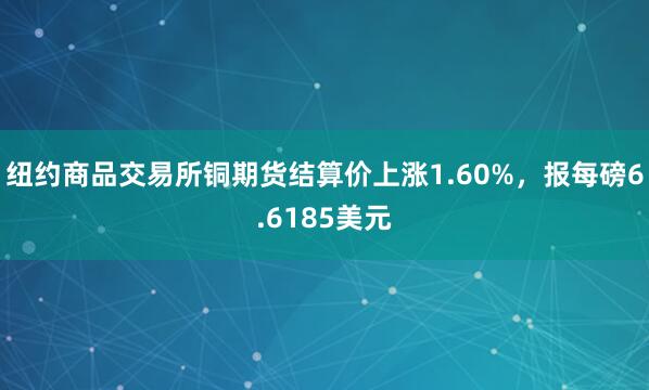 纽约商品交易所铜期货结算价上涨1.60%，报每磅6.6185美元